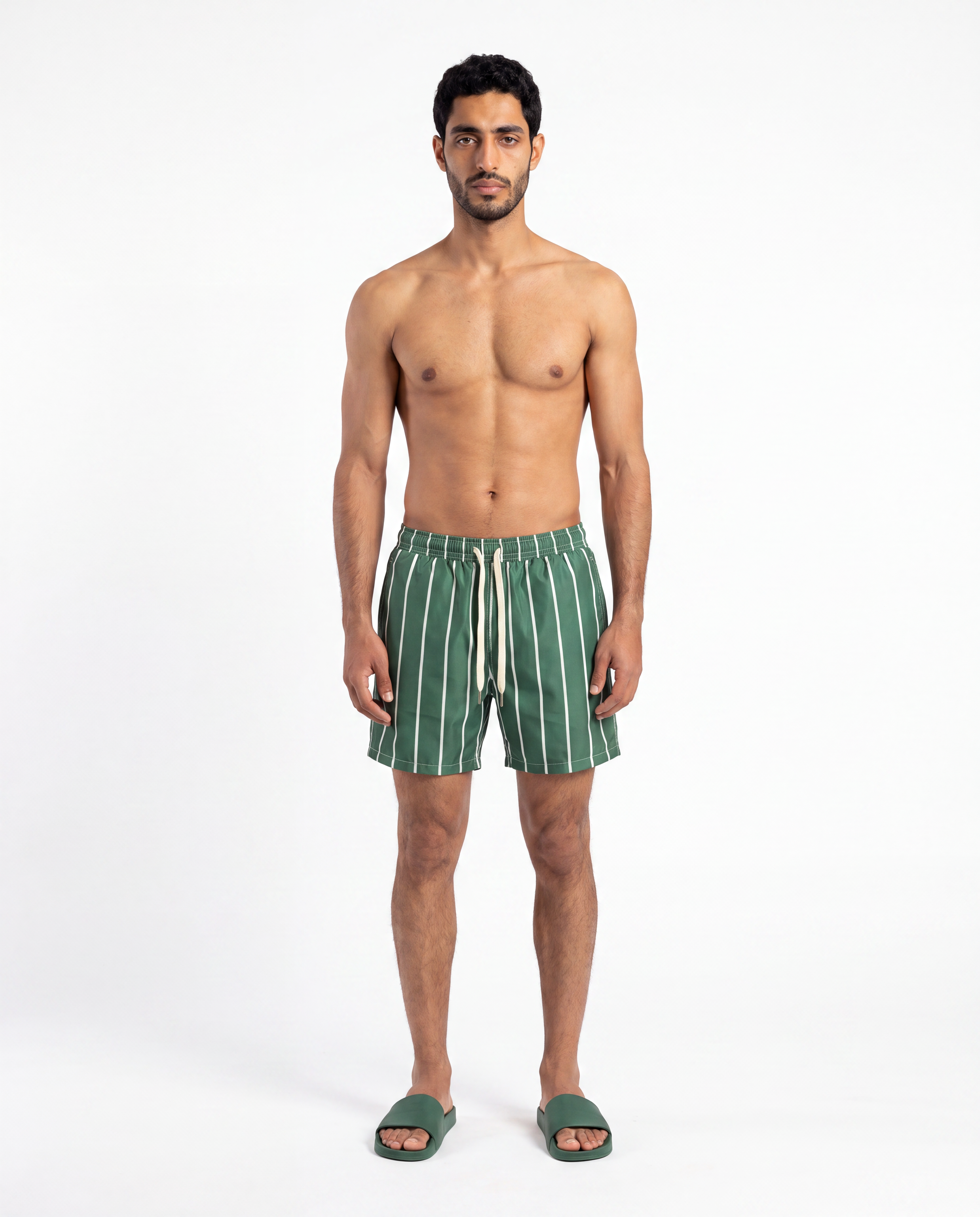 Green striped swim shorts